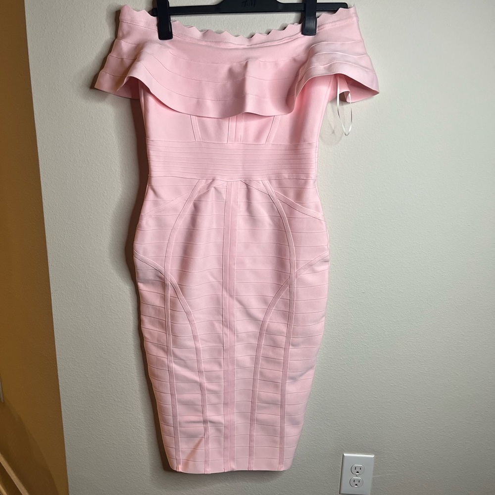 Off the shoulder blush pink bandage dress